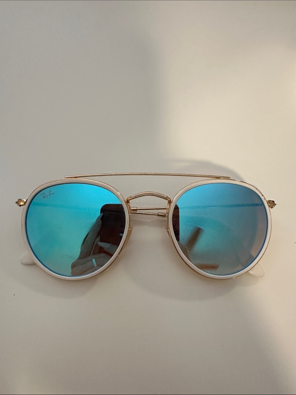 Ray-Ban Women's Gold Frame Blue Mirrored Round Sunglasses